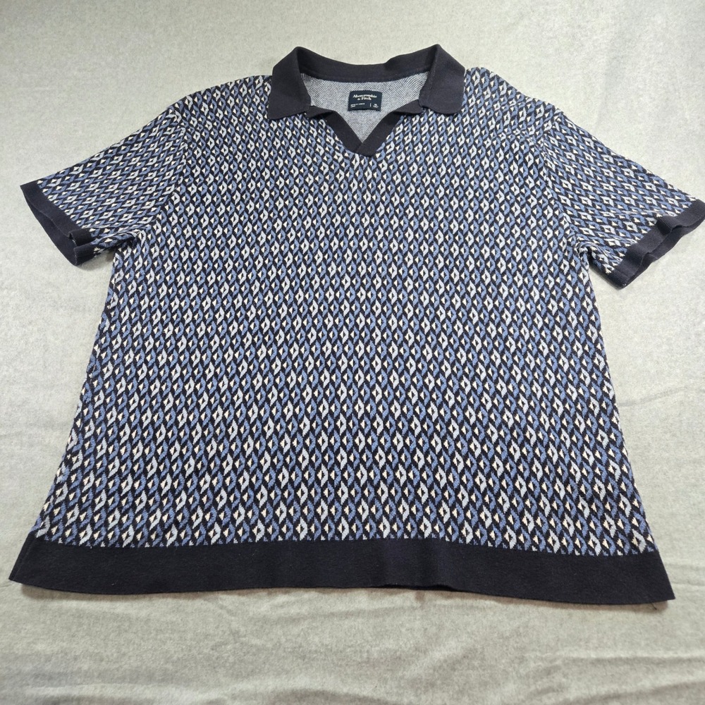 Abercrombie & Fitch Men XL Blue Diamond Geometric Knit Short Sleeve Sweater Polo
